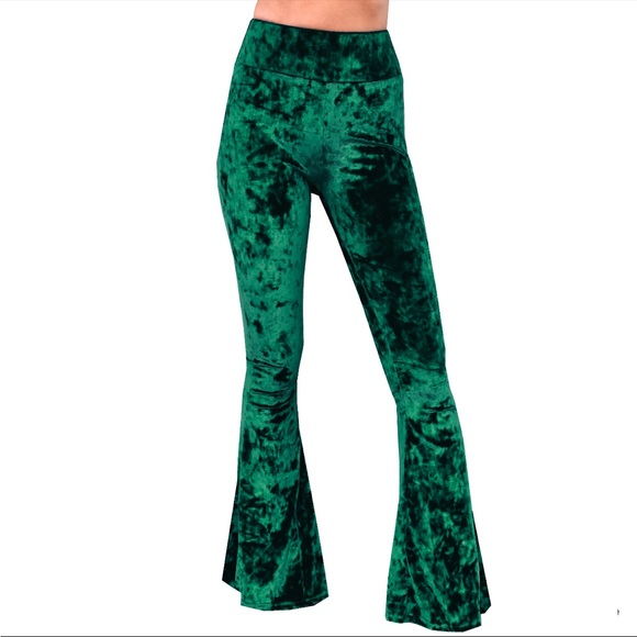 Green crushed velvet bell bottom pants - Picture 2 of 7